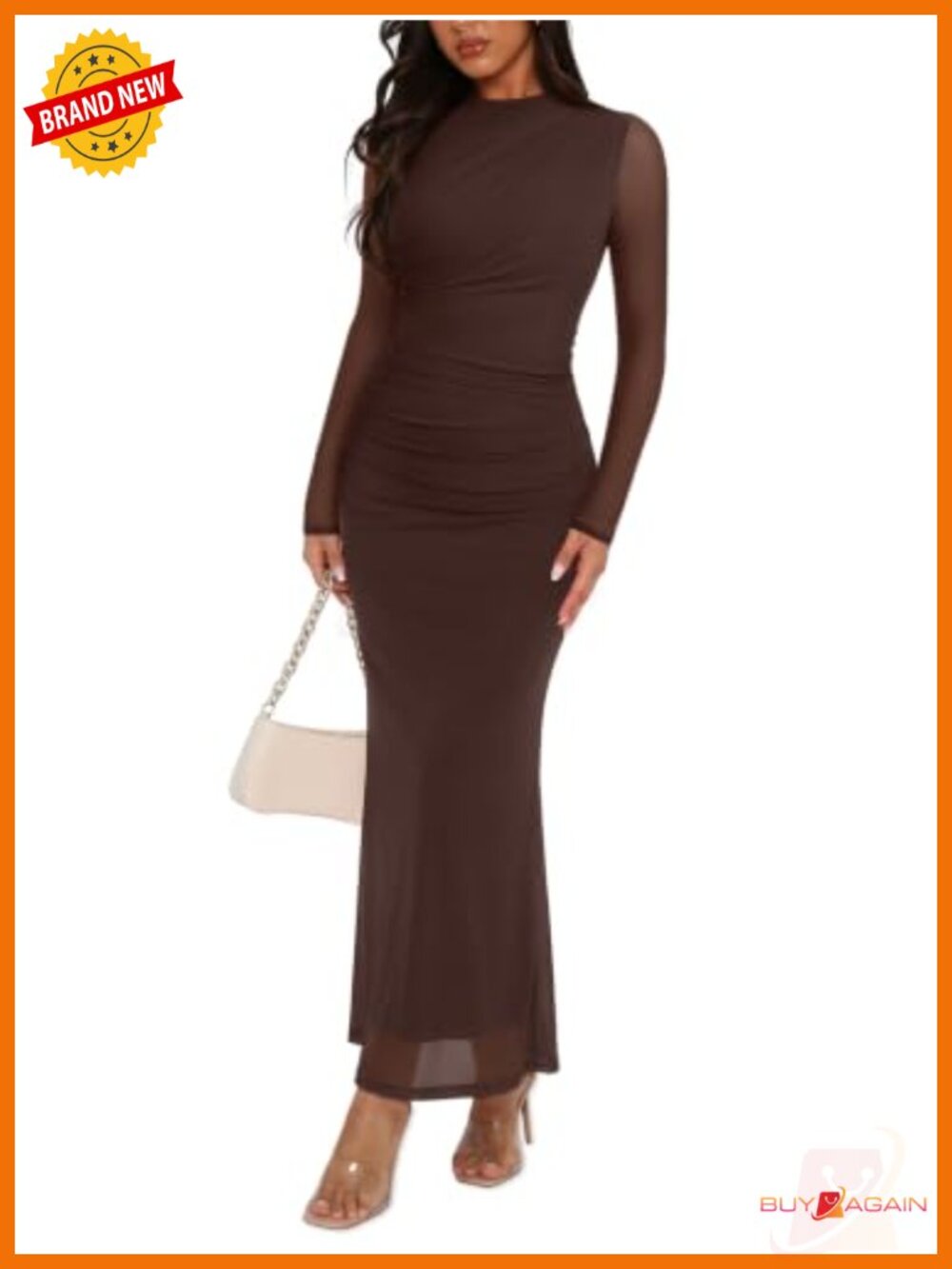 Long Sleeve Mock Neck Bodycon Maxi Dress Ruched Mesh Wedding Guest